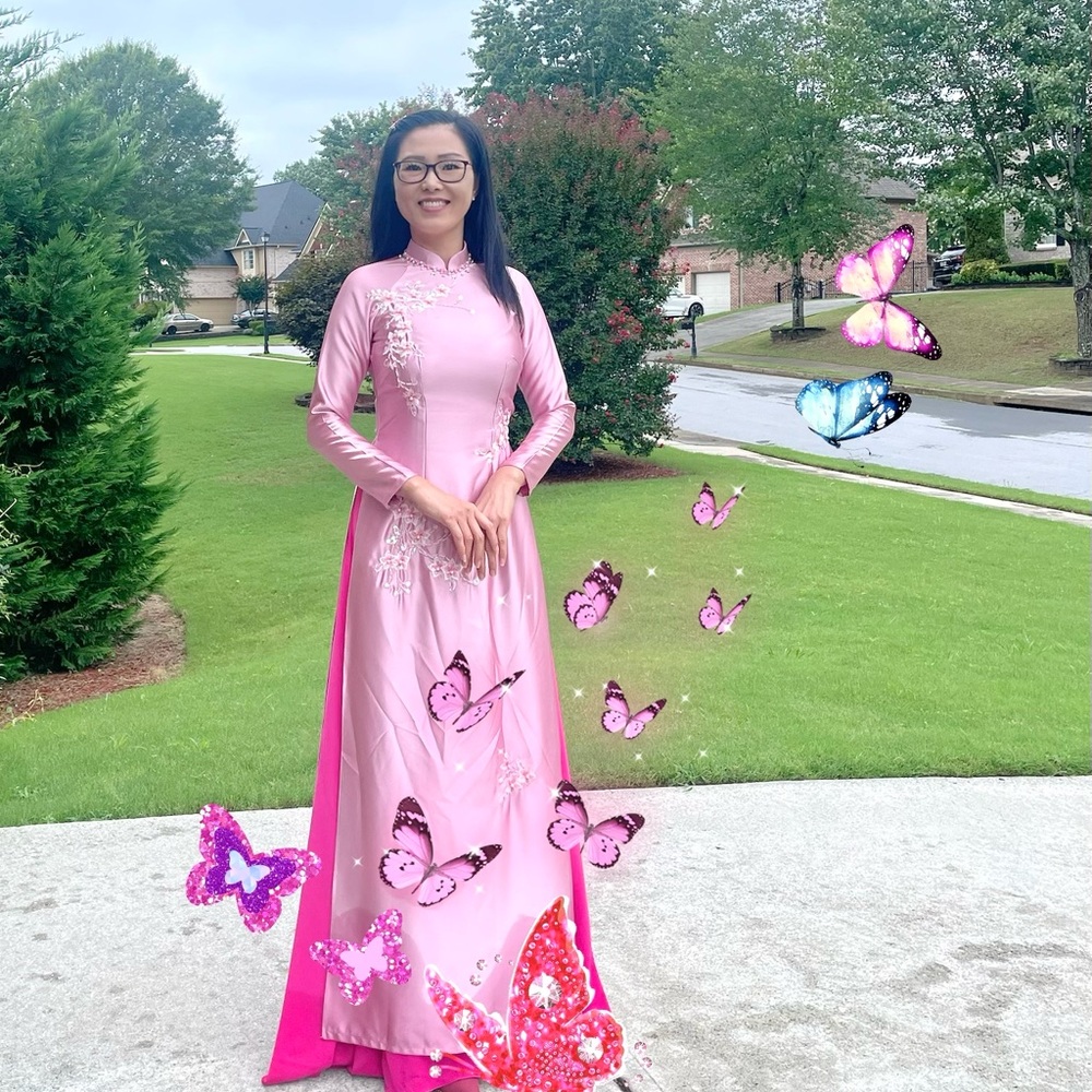 Ao dai Valentino, Vietnamese traditional long dress set m medium 2 pink 🎁 fancy